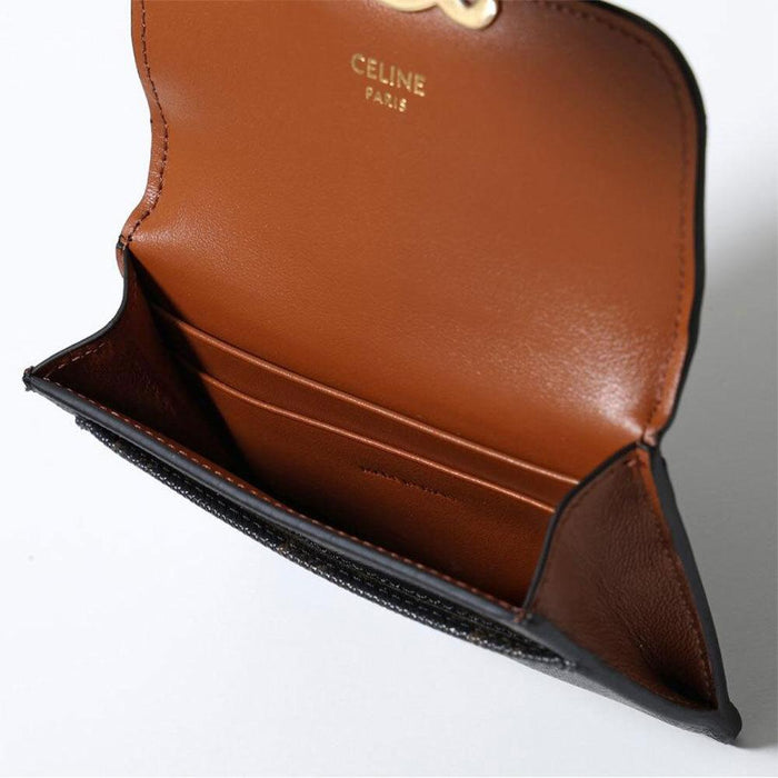 CELINE Triomphe Flap Card Holder Wallet Black Leather Women