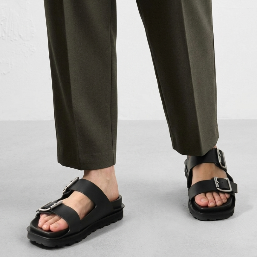 JIL SANDER Double Buckle Leather Sandals Men Black J33WP0002 P0503