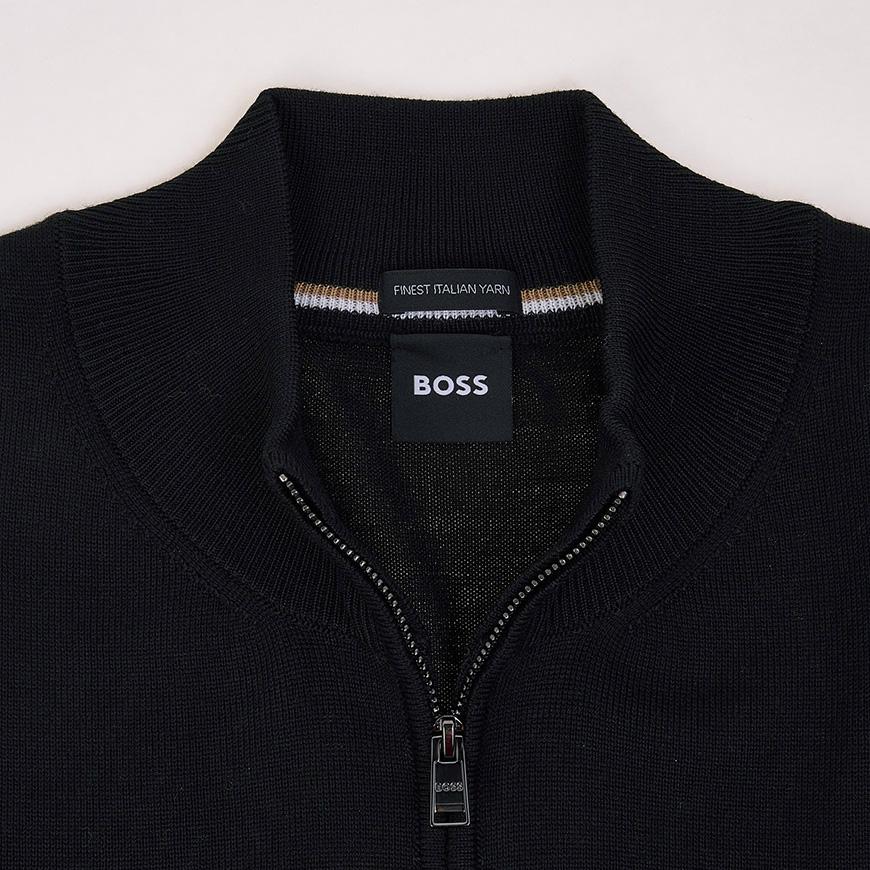 HUGO BOSS Men’s Zip-Up Cardigan with Embroidered Logo Black Knit