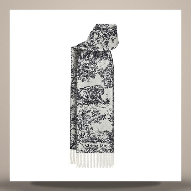 DIOR Navy Blue Toile de Jouy Sauvage Cashmere Wool Scarf