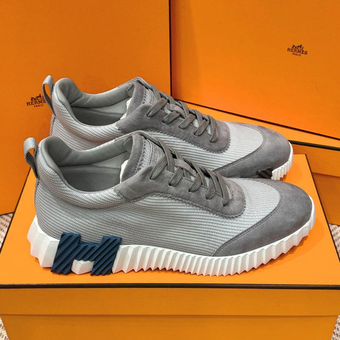 HERMES Men’s Bouncing Light Grey Mesh H Navy Black Two-Tone Low-Top Sneakers
