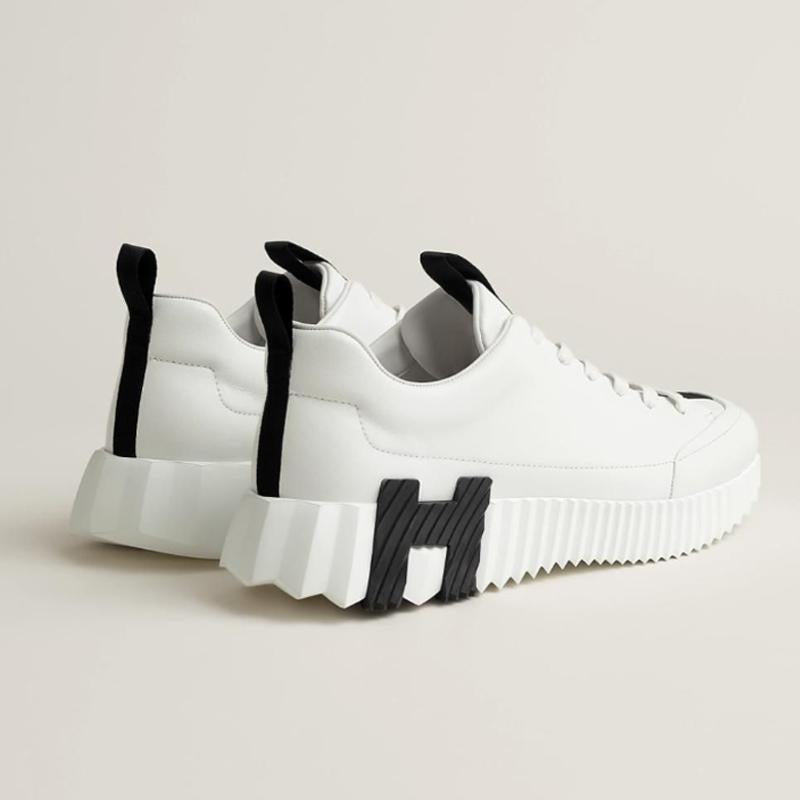 HERMES Men’s Jump Sneakers Calfskin H Two-Tone White Black Low-Top