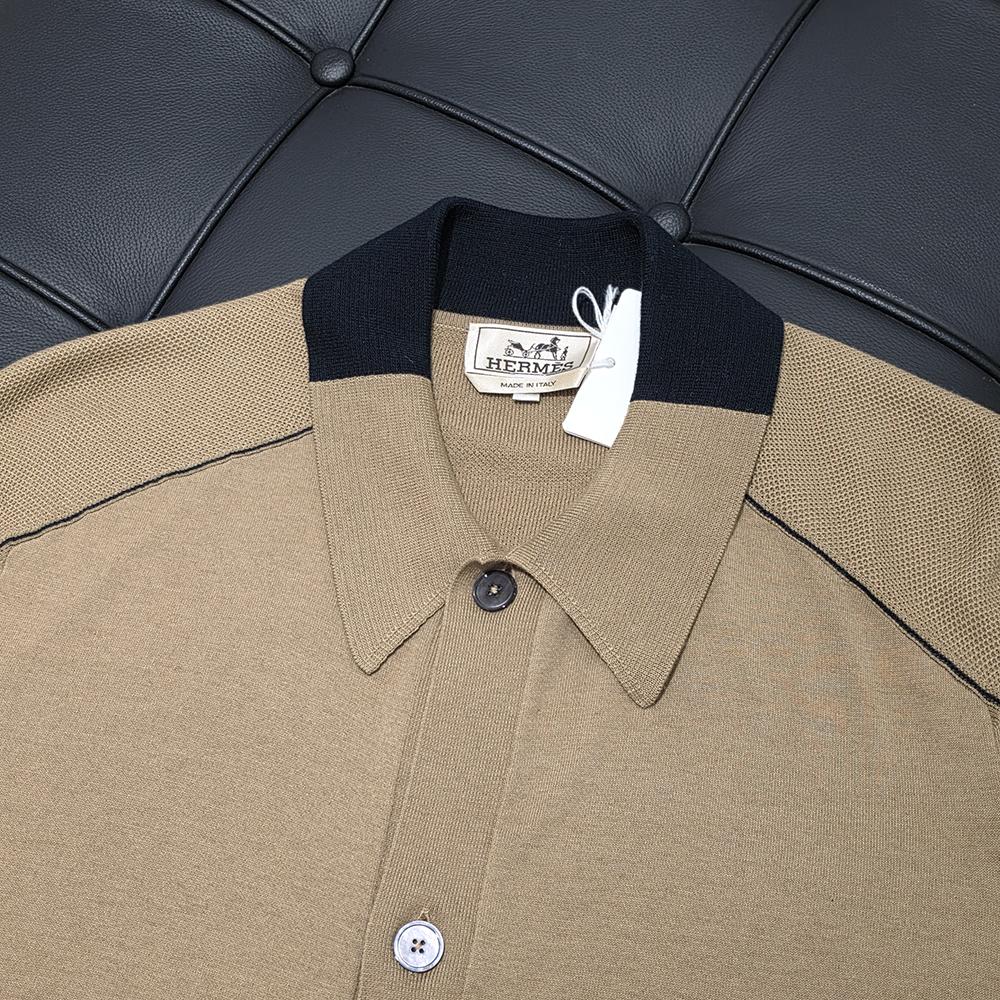 HERMES Beige Colorblock Cashmere Knit Polo Shirt Men