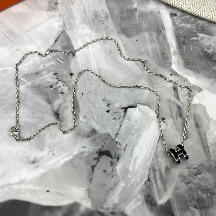 HERMES Mini Pop H Pendant Necklace Black Silver