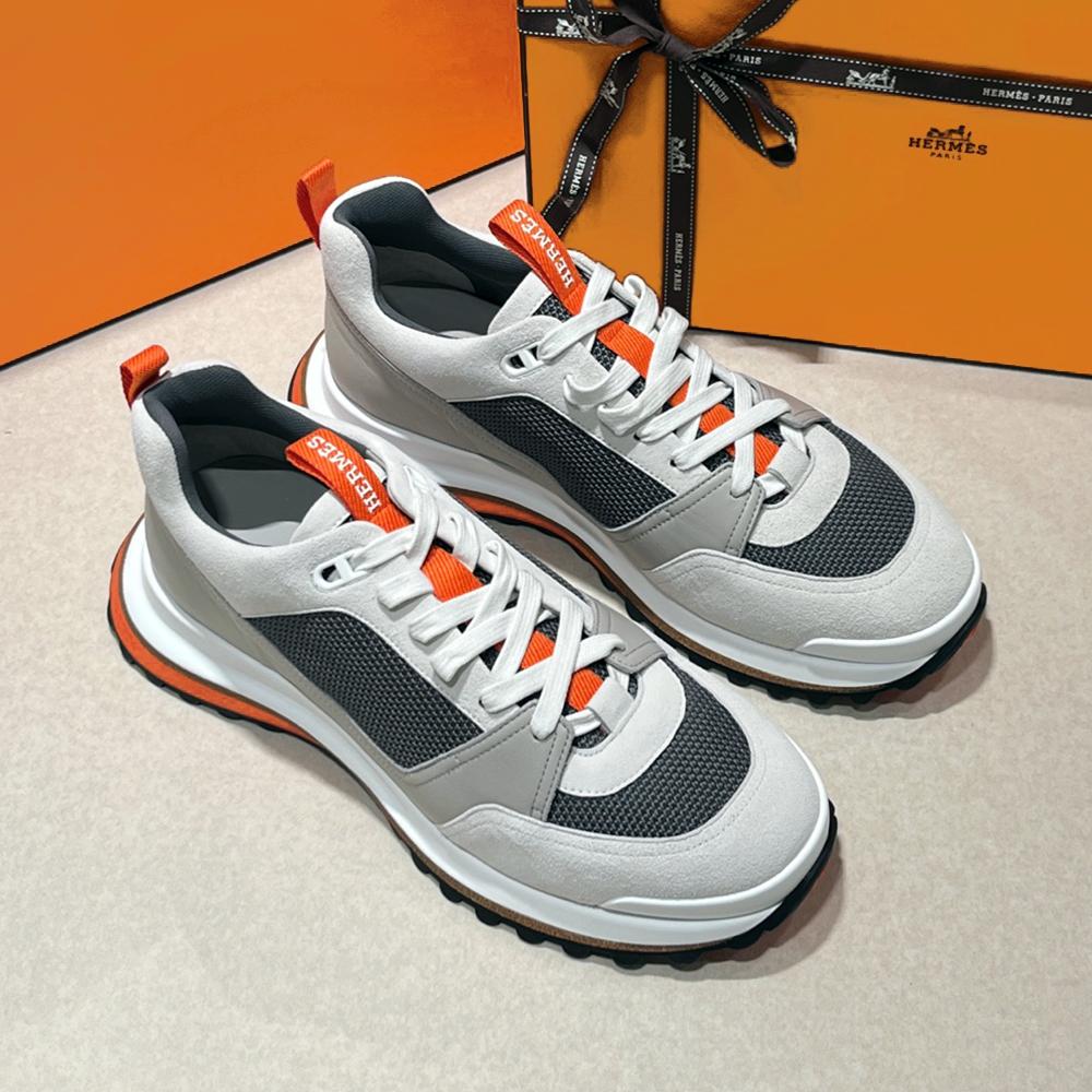 HERMES Men’s Low-Top Sneakers Gray Orange Calfskin Suede