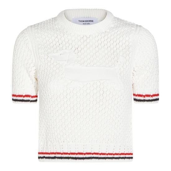 THOM BROWNE White Cotton Pointelle Stitch Hector RWB T-Shirt