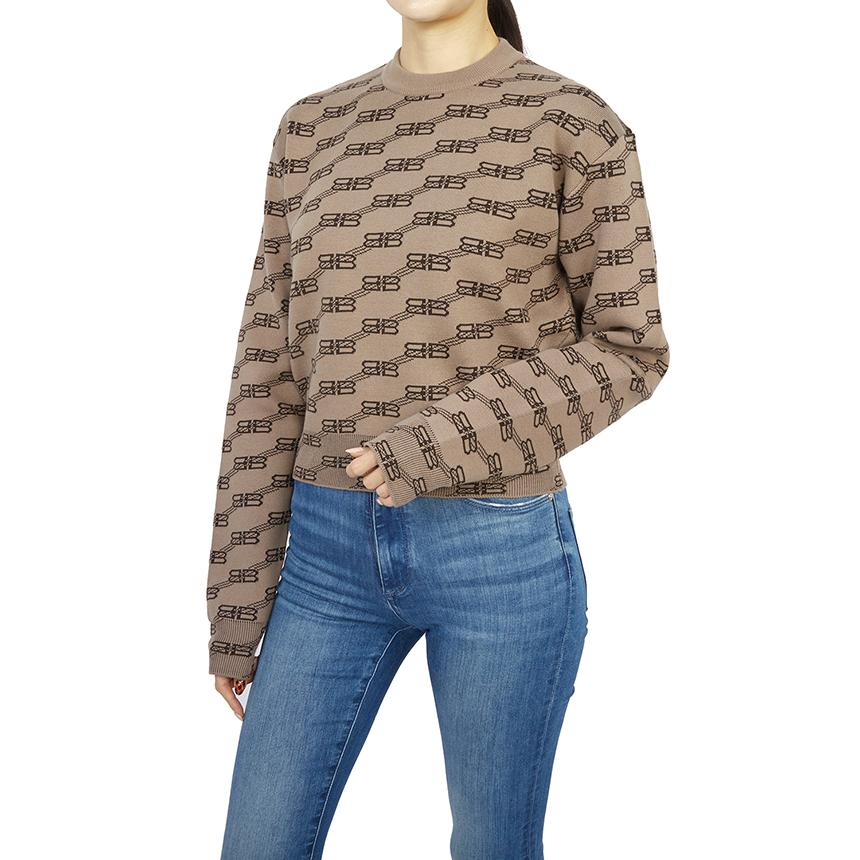BALENCIAGA BB Wool Round Neck Knit Sweater Gray Women