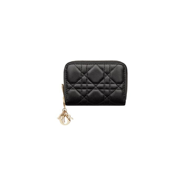 DIOR Lady Dior Voyageur Coin Purse Black Leather Wallet