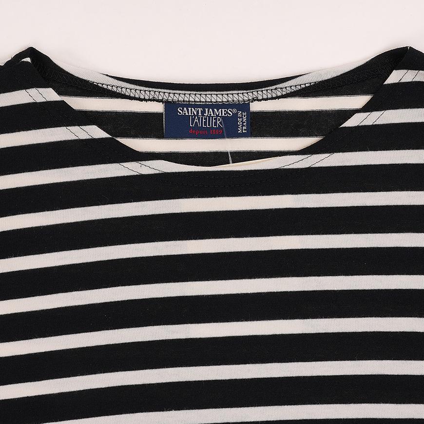 Saint James Striped Cotton Minquiers Modern Unisex T-Shirt Noir Ecru