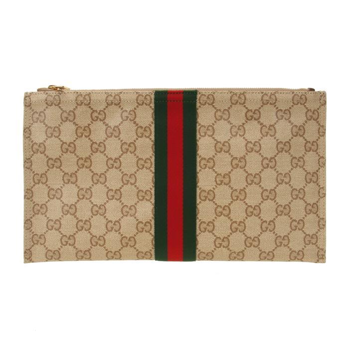 GUCCI Web Large Pouch Clutch Bag Brown Canvas Leather Trim