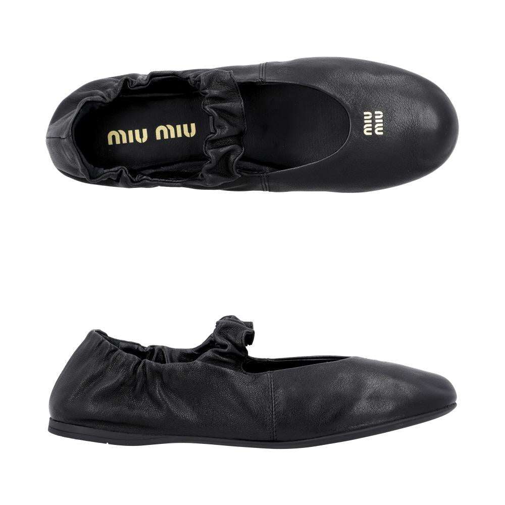 Miu Miu Ruche Nappa Leather Ballerina Flat Shoes Black Women