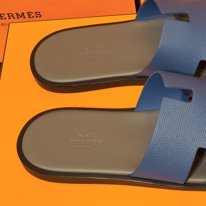 HERMES Izmir Sandals Calfskin Epsom Blue Gray Two-Tone Slides Men