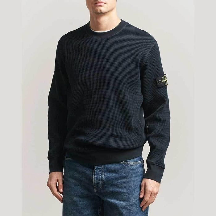 STONE ISLAND Waffle Knit Crewneck Sweatshirt Navy