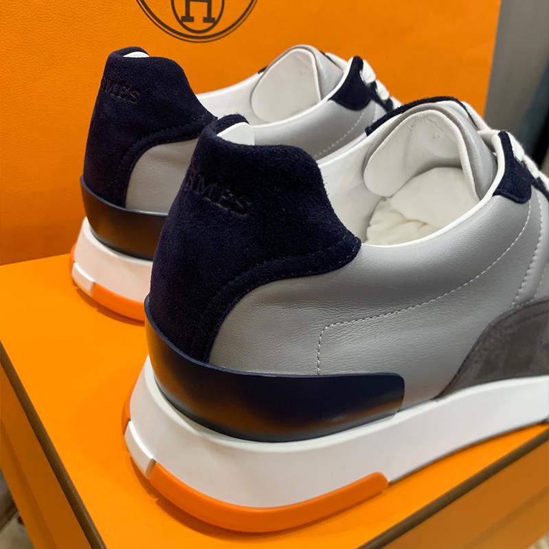 HERMES Navy Gray Calfskin Trail Low-Top Sneakers for Men