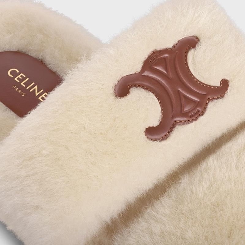 CELINE Triomphe Shearling Fur Slide Sandals Ivory Women