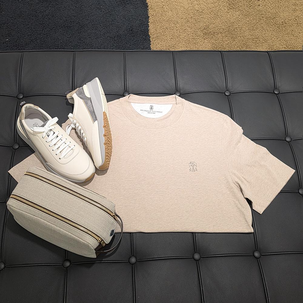 Brunello Cucinelli Logo Cotton Jersey Crewneck T-Shirt Beige