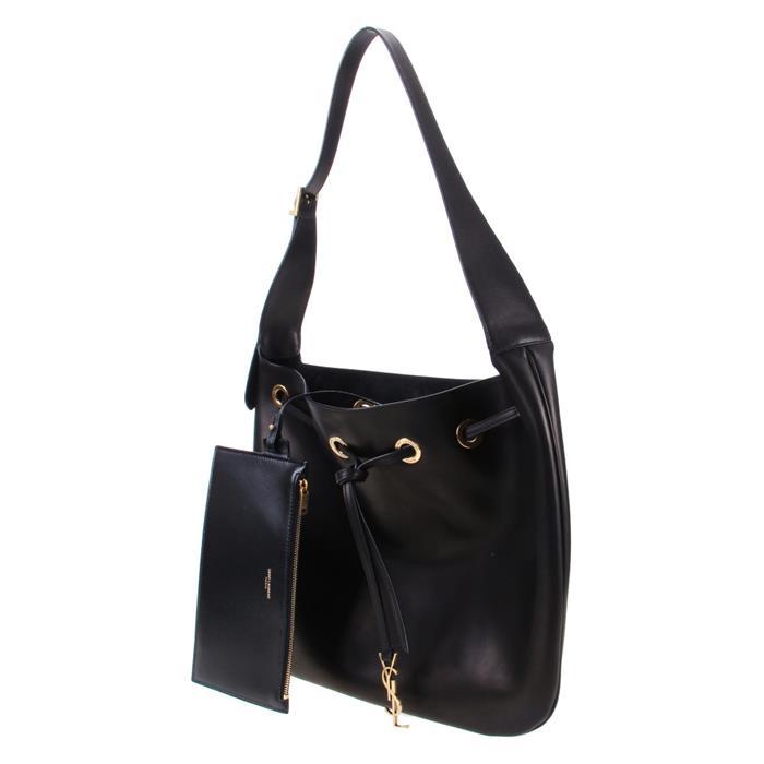 Saint Laurent Seau Flat Shoulder Bag Black Leather