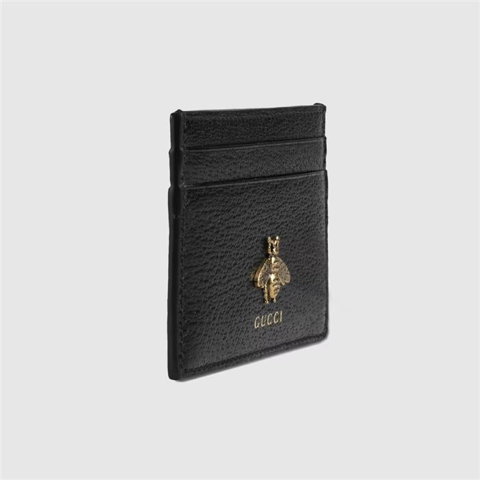 GUCCI Black Leather Animalier Bee Card Holder Wallet
