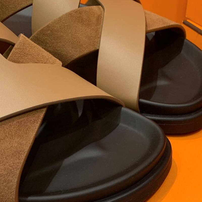 HERMES Men’s Casimir Slippers Calfskin Suede Brown