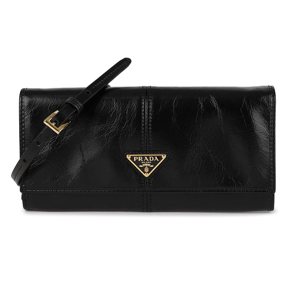 PRADA Leather Wallet with Shoulder Strap Bifold Women’s Black 1MT036 2CYR F0002