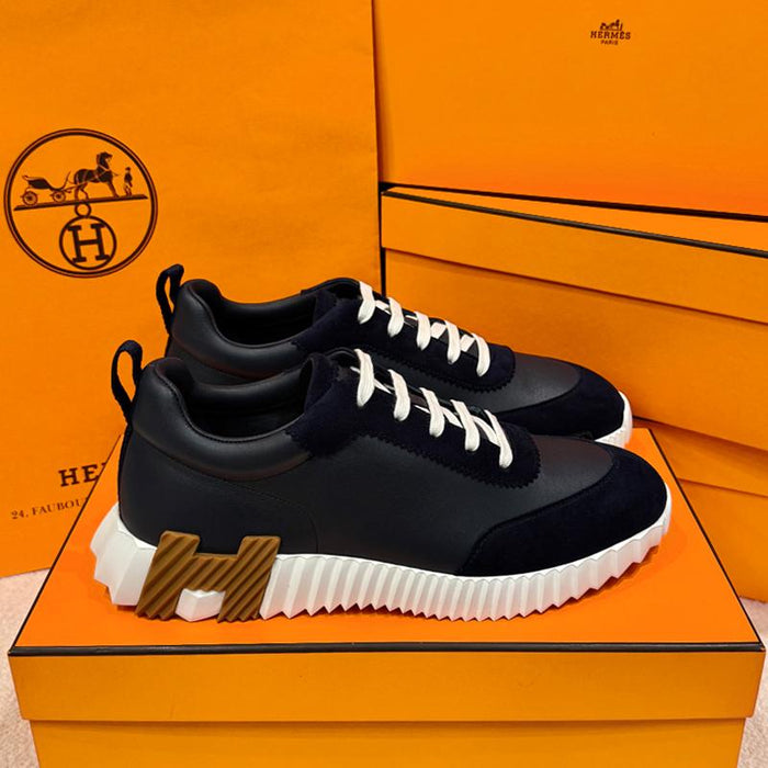 HERMES Men’s Goatskin Bouncing Sneakers Marine Blue/Brown/Black Low-Top
