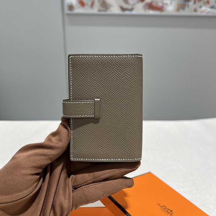 HERMES Etoupe Leather Béarn Compact Card Holder Wallet Gold Hardware