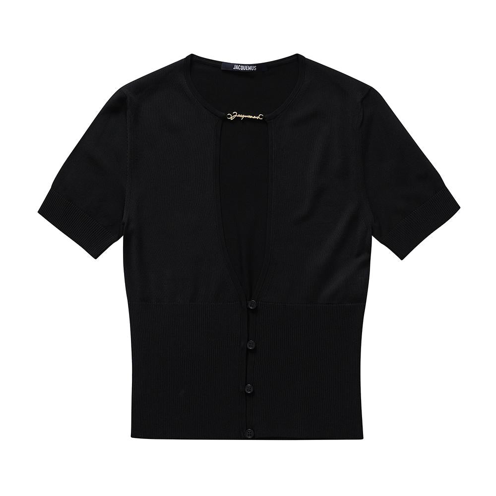 JACQUEMUS Logo Charm Keyhole Short Sleeve Top Black Women’s T- 243KN470 2358 990