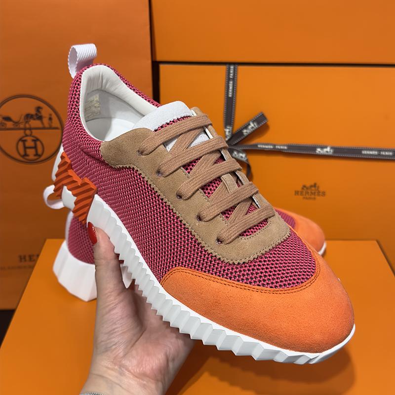HERMES Bouncing Sneakers Pink Multi Mesh H Orange Logo Low-Top