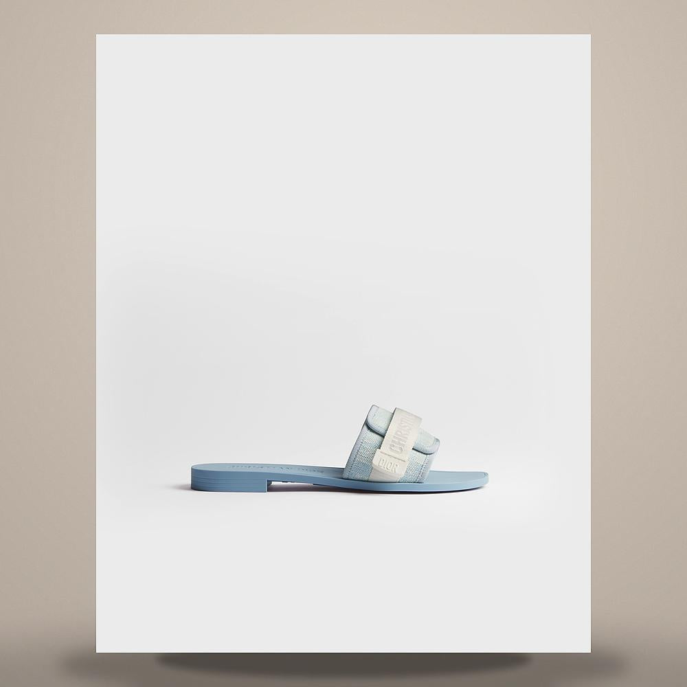 DIOR White Sky Blue Dior Oblique Washed Linen Slides KCO674LIO S60W