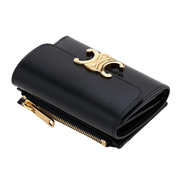 CELINE Triomphe Compact Wallet for Women Black Leather