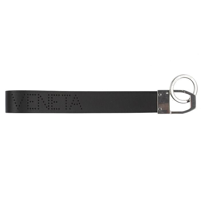 Bottega Veneta Perforated Logo Keyring Unisex Black Leather Keychain