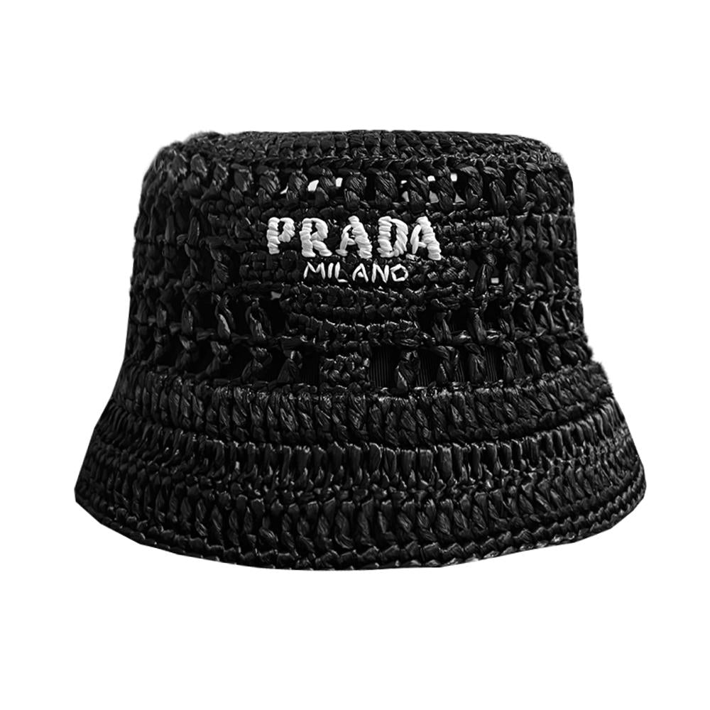 PRADA Black Raffia Logo Embroidered Bucket Hat 2HC137 2A2T F0002