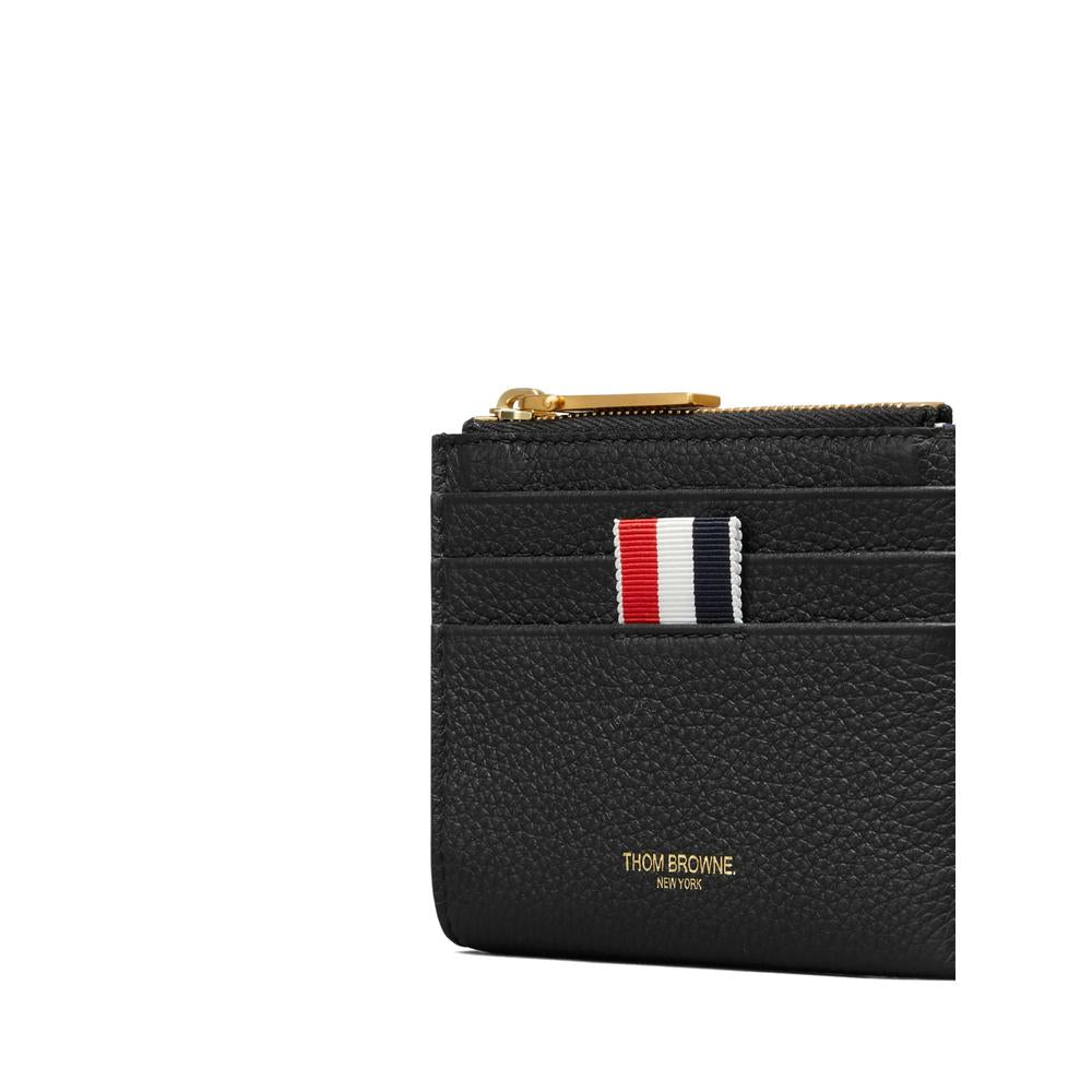 THOM BROWNE Black Pebbled Leather Card Holder Wallet