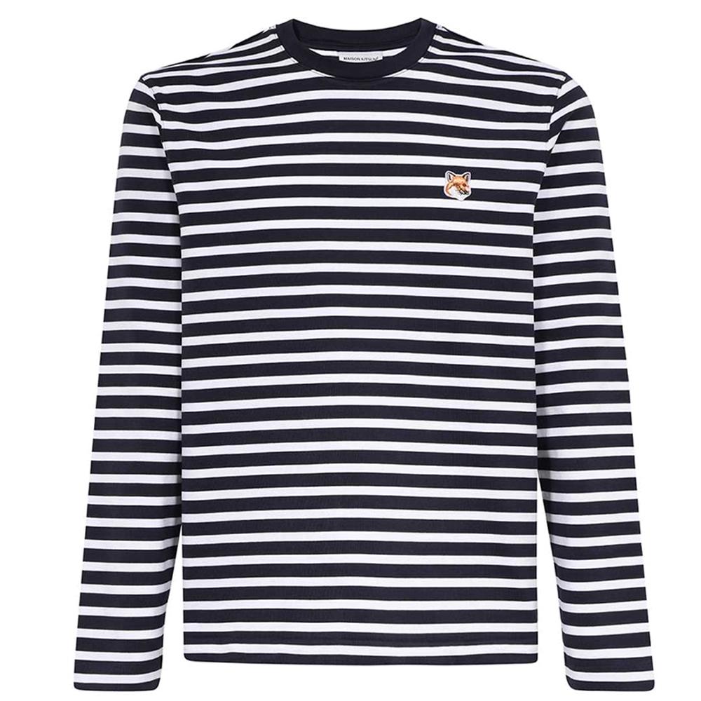 Maison Kitsune Fox Head Stripe T-Shirt Navy Cotton Men’s