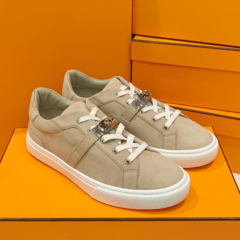 HERMES Brown Calfskin Low-Top Sneakers with Rose Gold Kelly Buckle