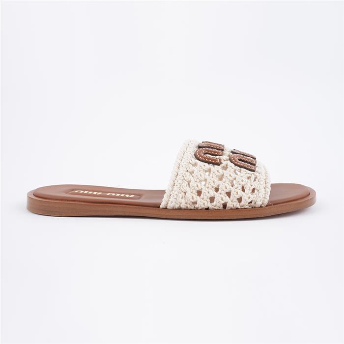Miu Miu Cotton Crochet Leather Slide Sandals
