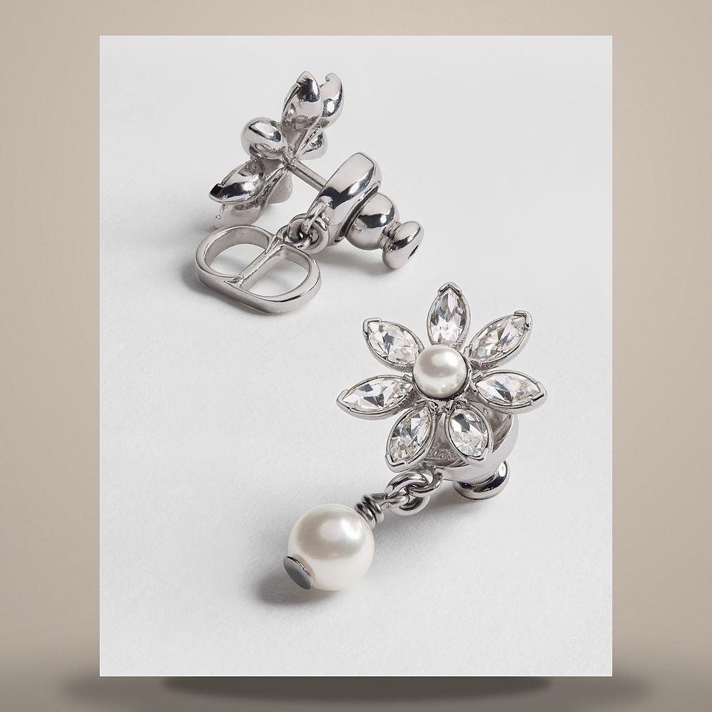 DIOR Silver-Tone Metal Earrings with White Resin Pearls and Crystals