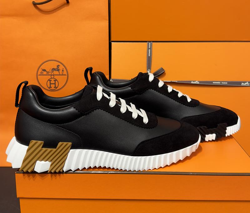 HERMES Men’s Bouncing Low-Top Sneakers Black Goatskin Brown H Logo
