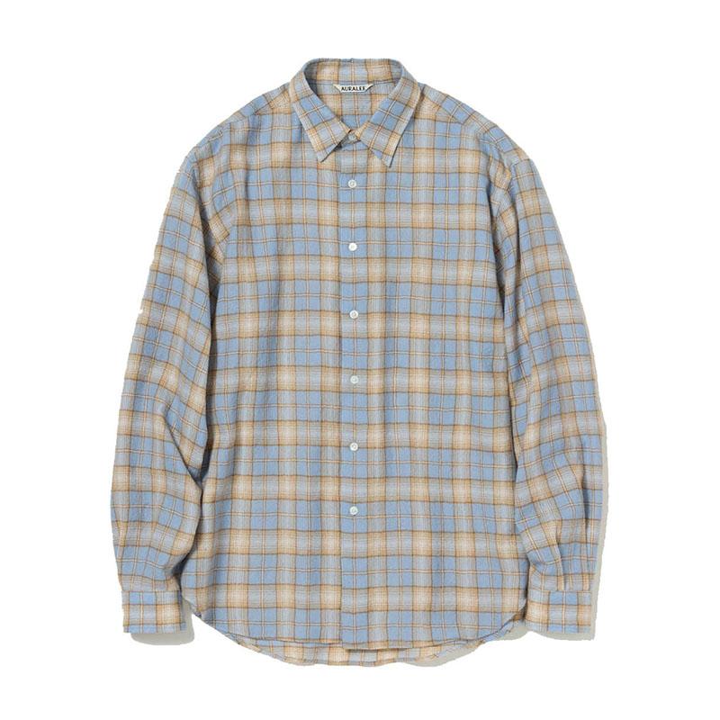AURALEE Airy Wool Light Blue Beige Check Long Sleeve Shirt for Men A25AS01WN
