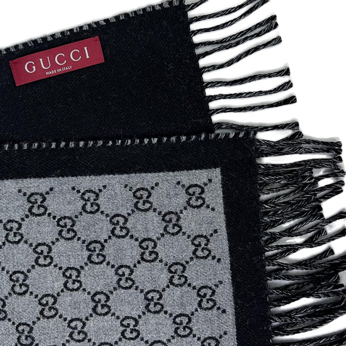 GUCCI GG Wool Jacquard Fringe Scarf Black Gray