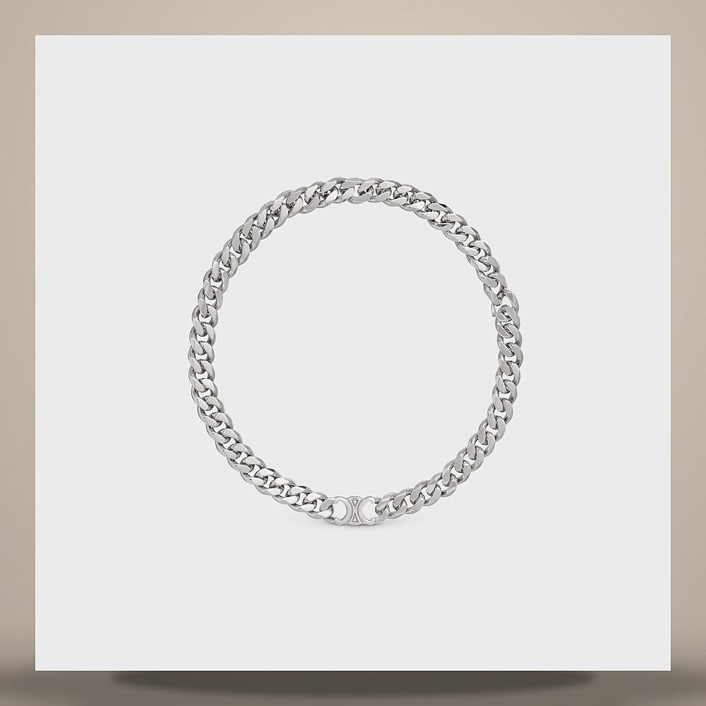 CELINE Triomphe Gourmette Necklace Rhodium Finish Brass Silver 460JF6BRA 36SI