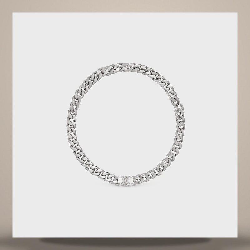 CELINE Triomphe Gourmette Necklace Rhodium Finish Brass Silver 460JF6BRA 36SI