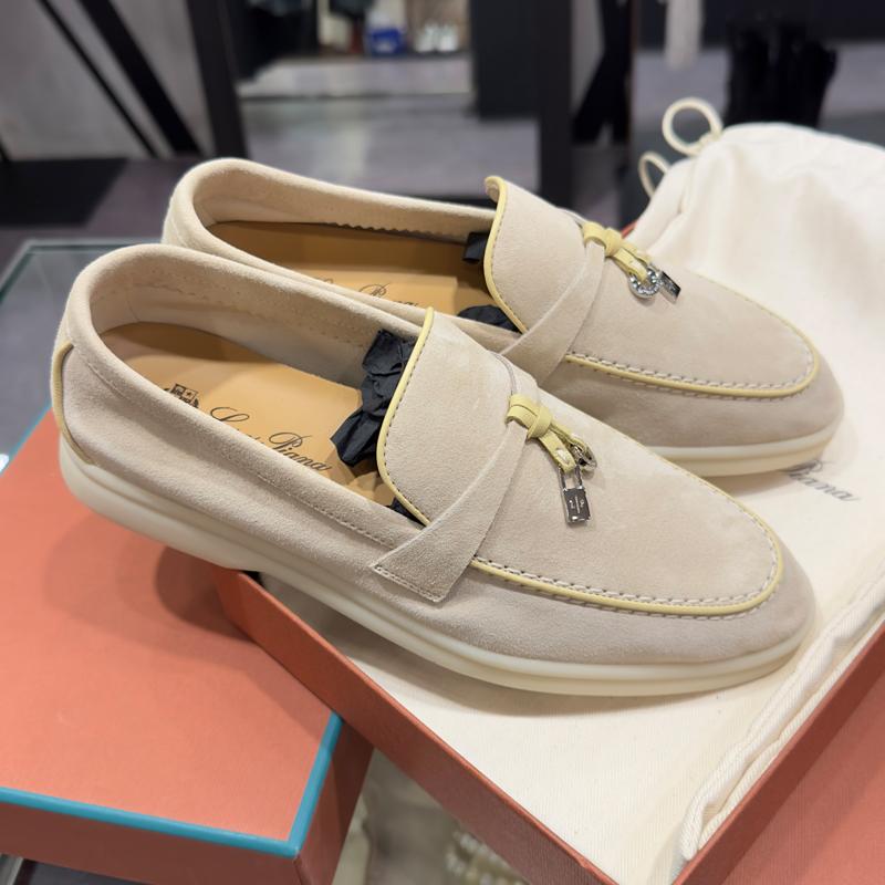 Loro Piana Ivory Suede Loafer Moccasins with Yellow Charm