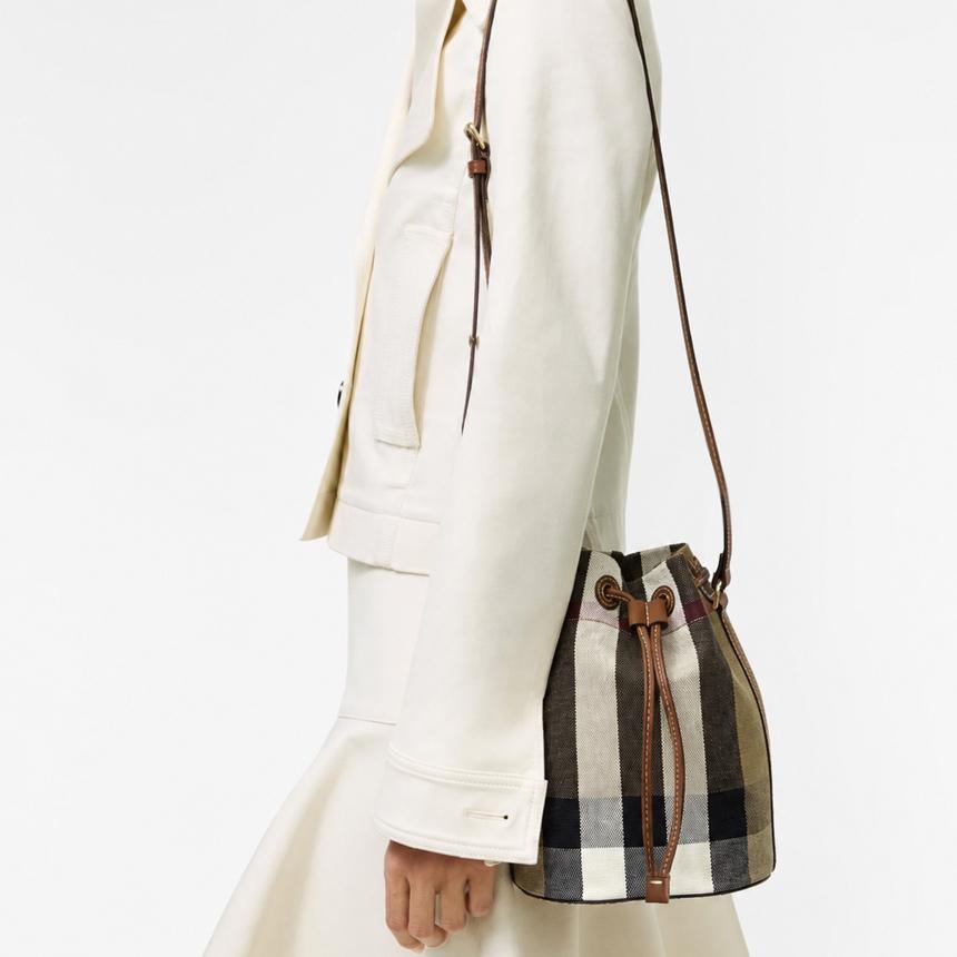 BURBERRY Check Canvas Bucket Shoulder Bag Taupe Brown Crossbody