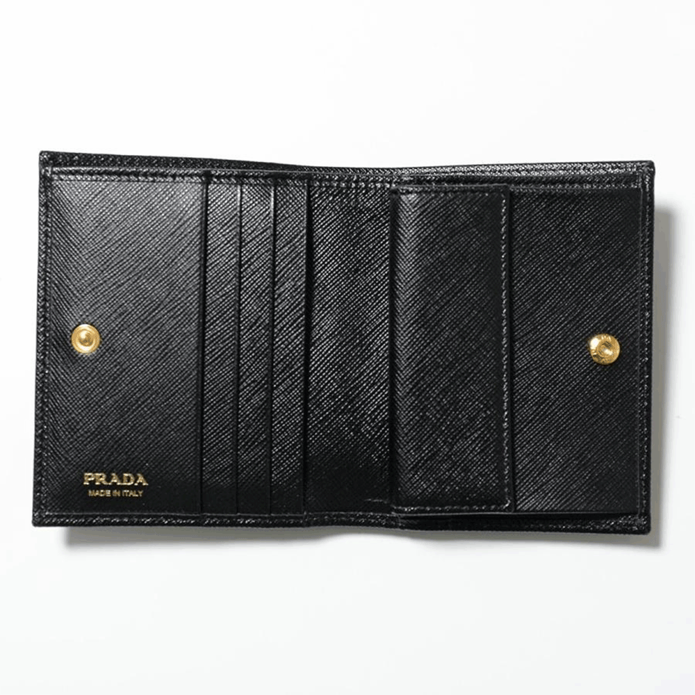 PRADA Black Saffiano Leather Triangular Logo Gold-Tone Women’s Bifold 1MV204 QHH