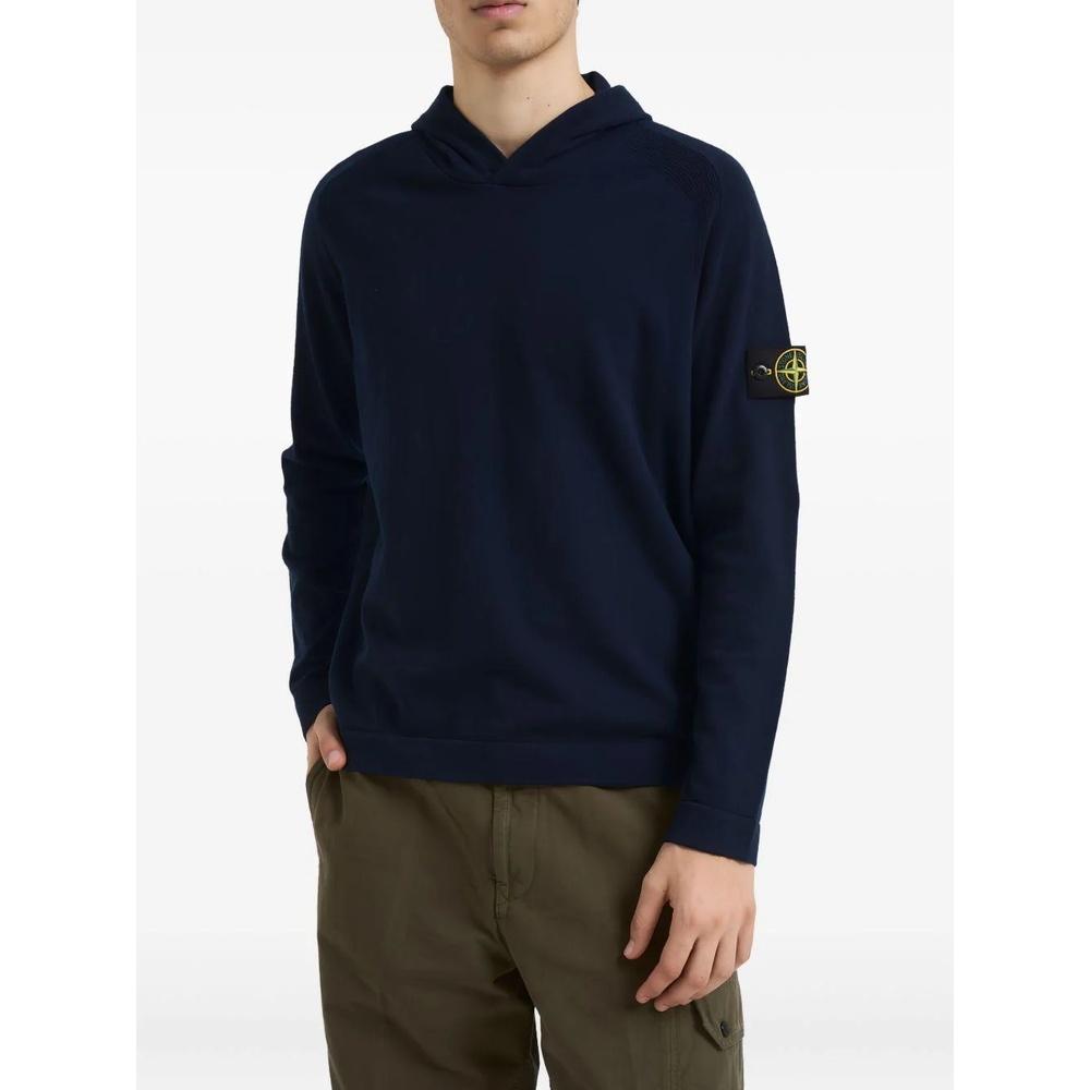 STONE ISLAND Logo Patch Wool Hooded Knit Sweater for Men Black