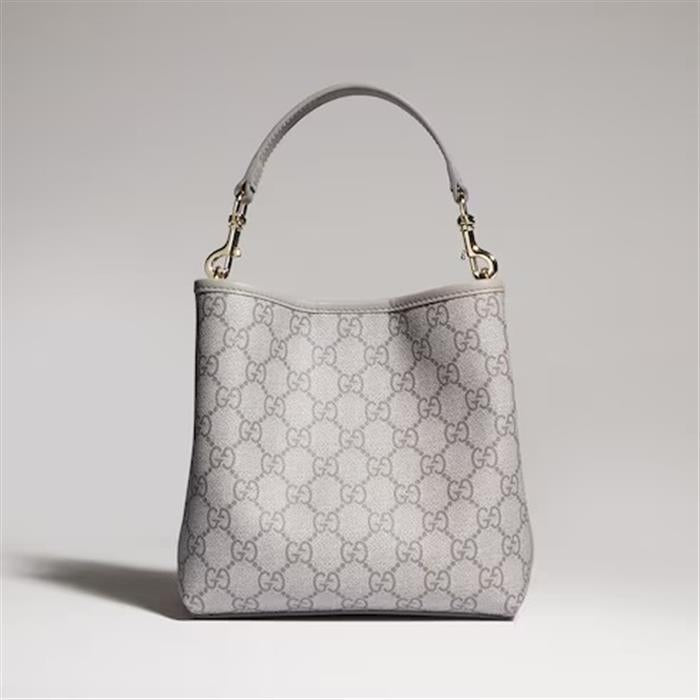 GUCCI GG Emblem Small Bucket Bag Crossbody Gray Leather