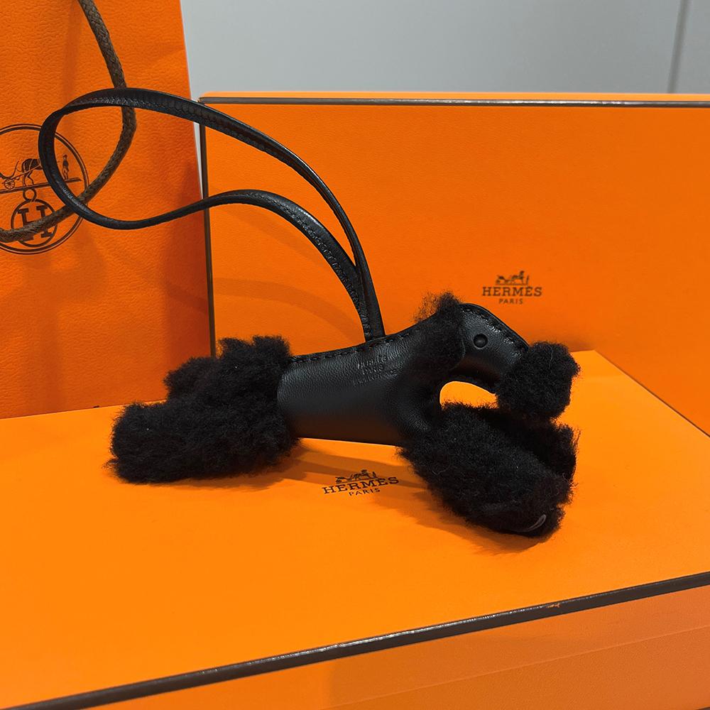 HERMES Merino Wool All Black Dog Charm Keyring Unisex