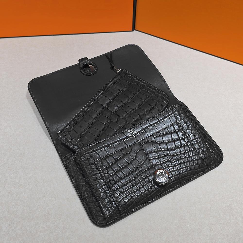 HERMES Alligator Long Wallet Gray Palladium Hardware Unisex