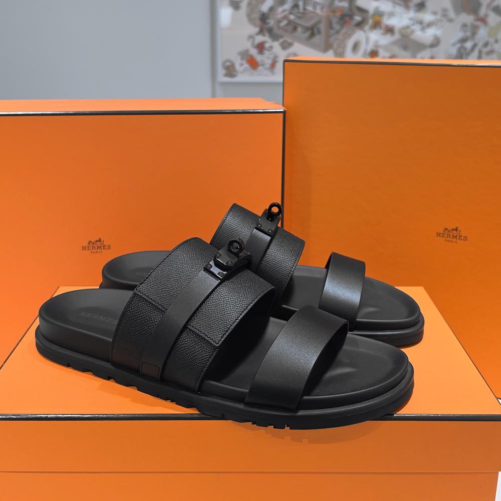 HERMES So Black Epsom Calfskin Mix Jackson Sandals for Men